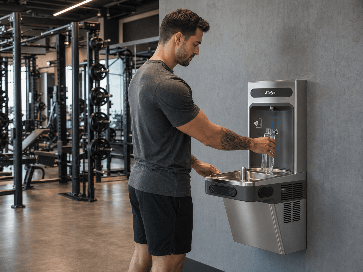 Athletic gym member filling a bottle at the Stelys S1 Wall water station in a modern fitness club