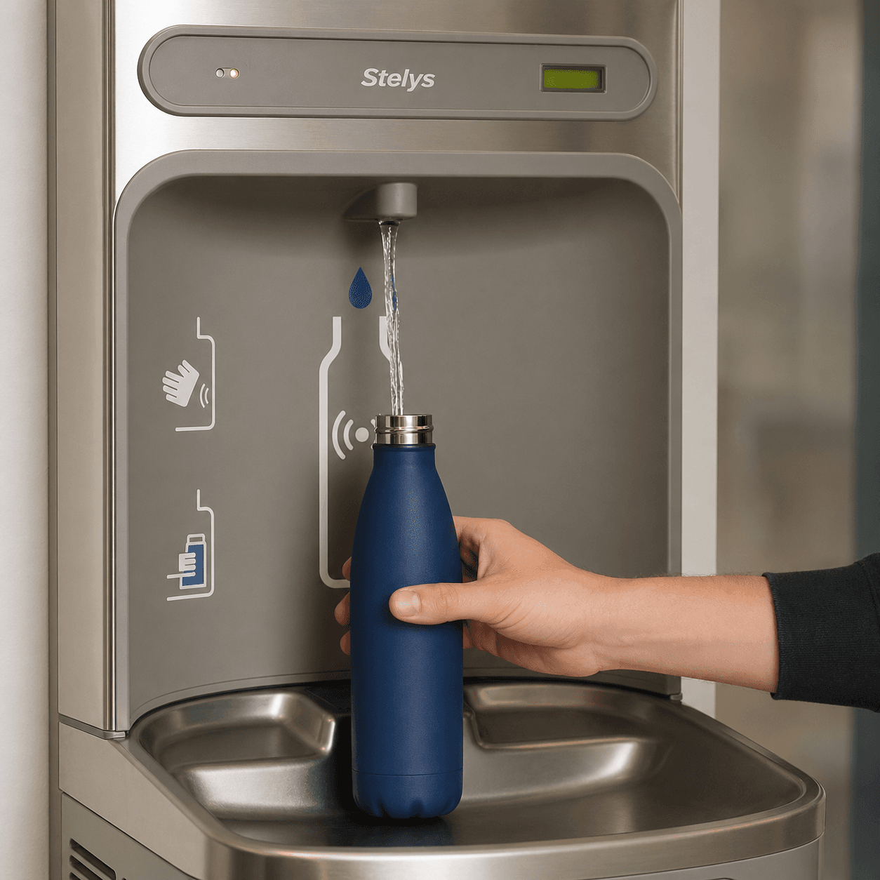 Close-up of touchless bottle filling at the Stelys wall unit